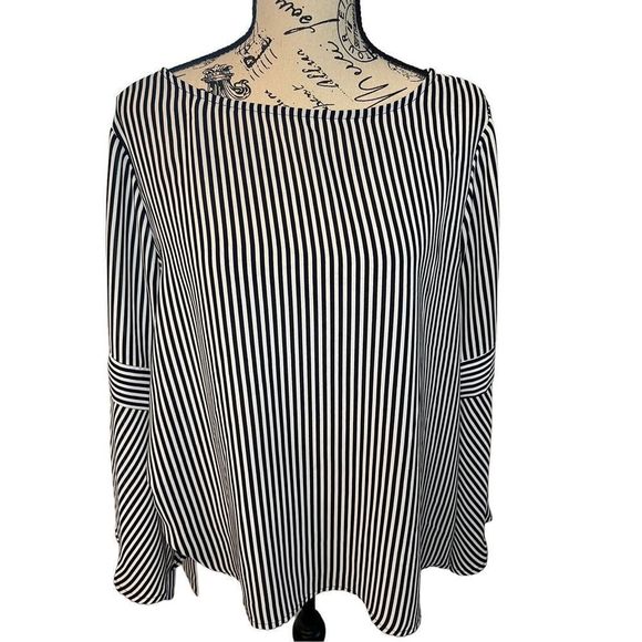 W5 Women's Black And White Striped Bell Sleeve With Bow Tie Blouse Size XL - Picture 1 of 6